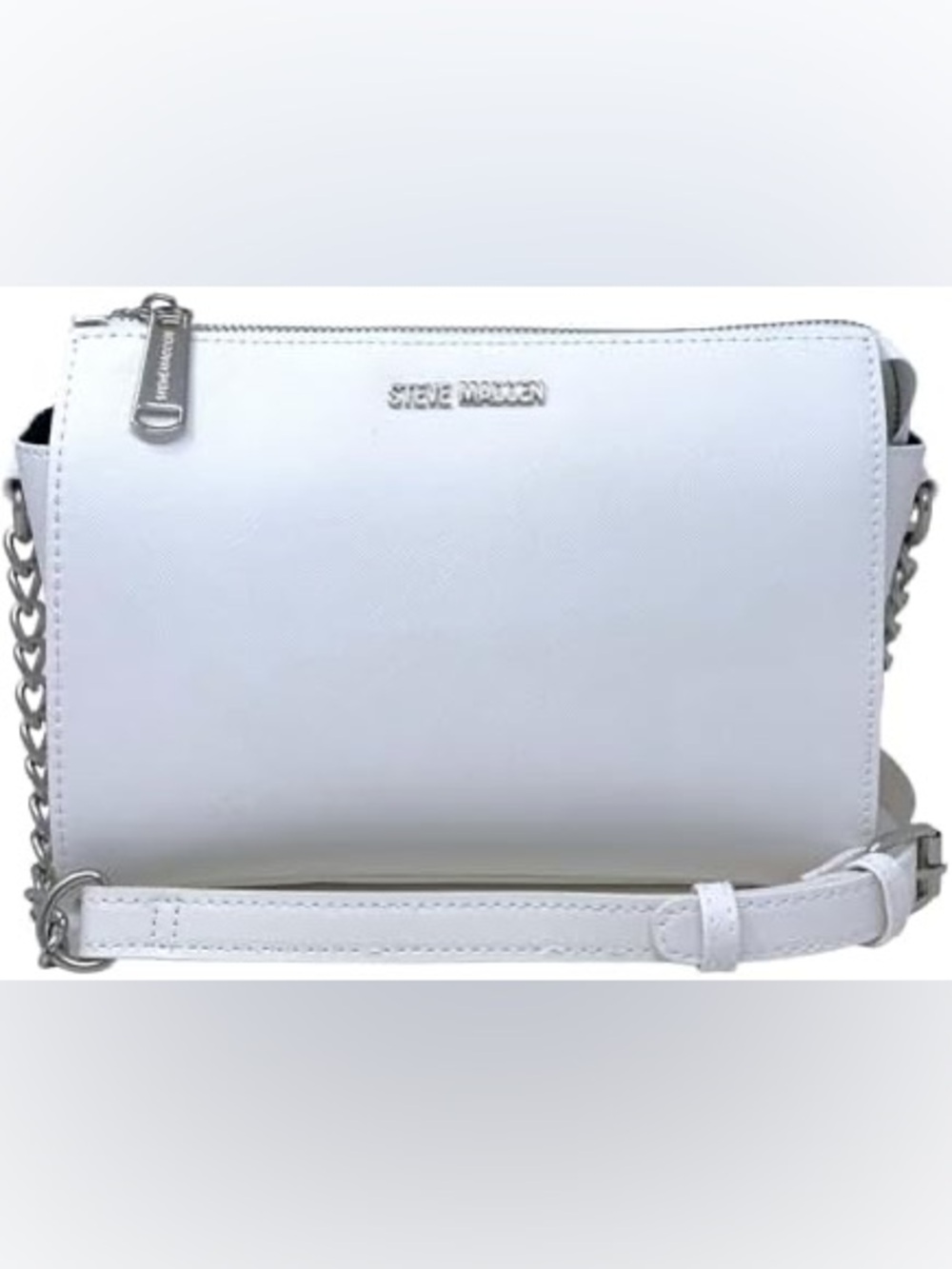 Steve Madden White Leather Crossbody with Silver Chain